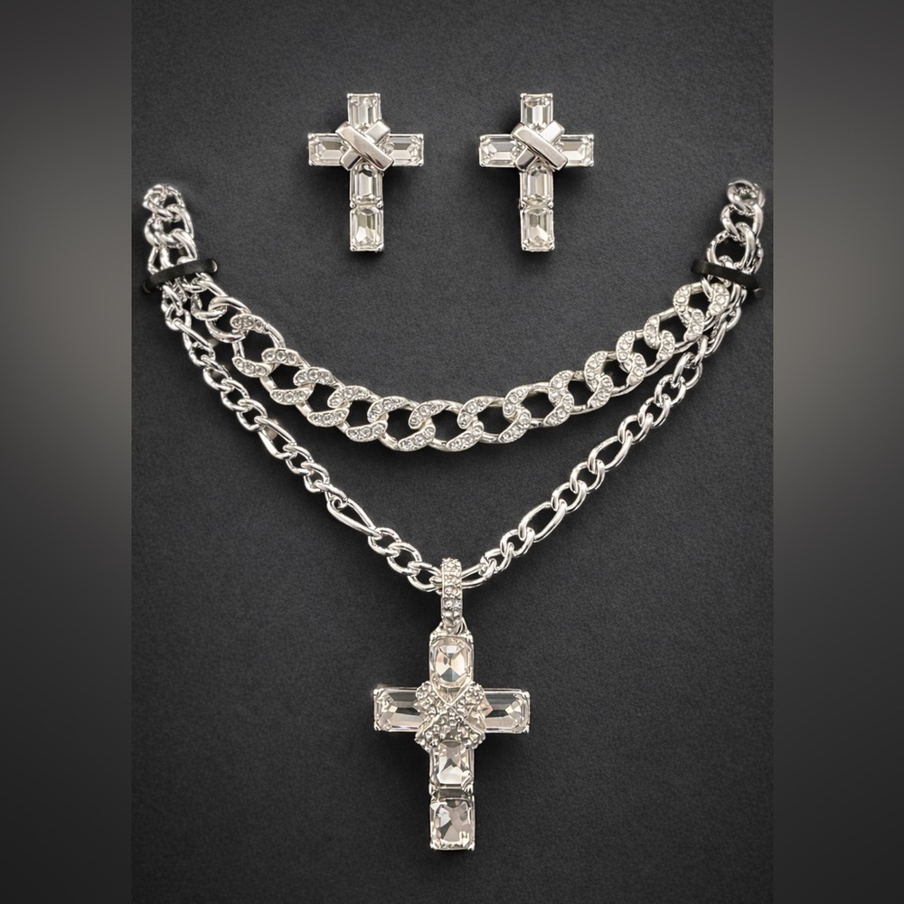 Silver Crystal Cross Necklace & Stud Earrings Set | Faith Chic Statement Jewelry